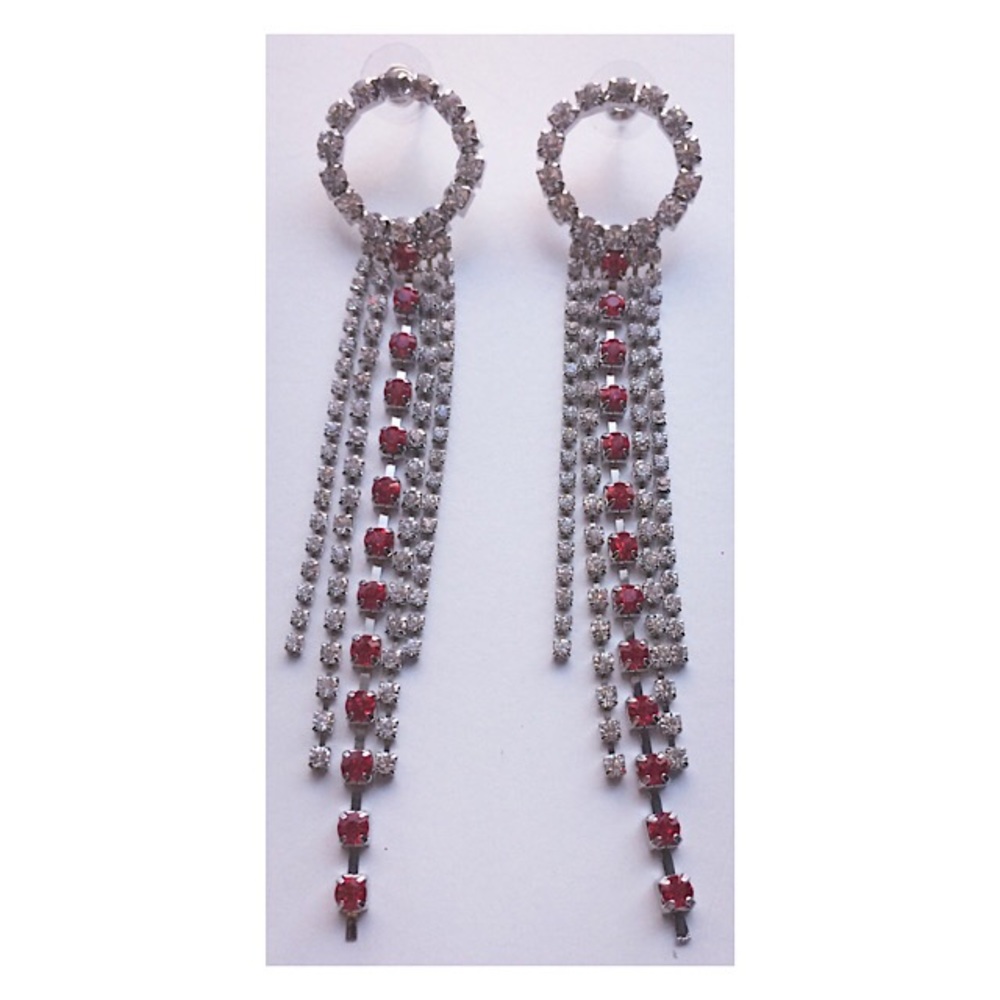 Earrings Long Drop Red Clear Crystals Silver Tone